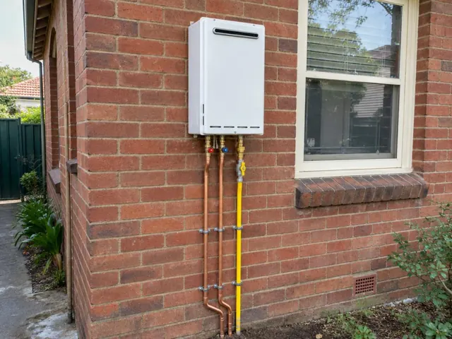Outdoor gas hot water unit mounted on a brick wall beside a window in Cremorne
